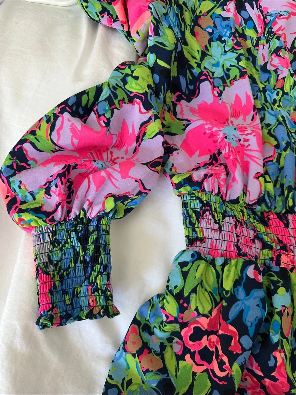 Lilly Pulitzer Floral Pink & Green V-Neck Long Sleeve Midi Dress, Size M